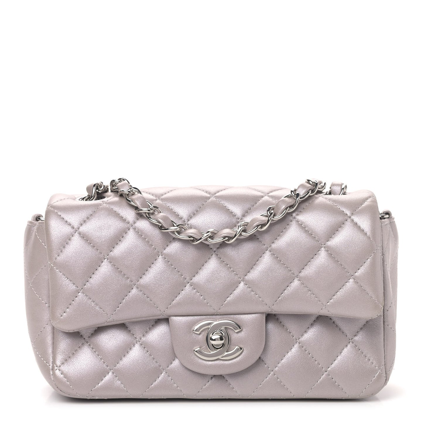 Metallic Lambskin Quilted Mini Rectangular Flap Silver