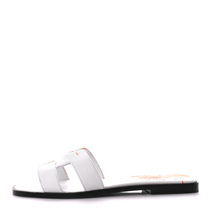 Hermes Calfskin Printed Peinture Fraiche Oran Sandals 39 White Orange 1 of 8