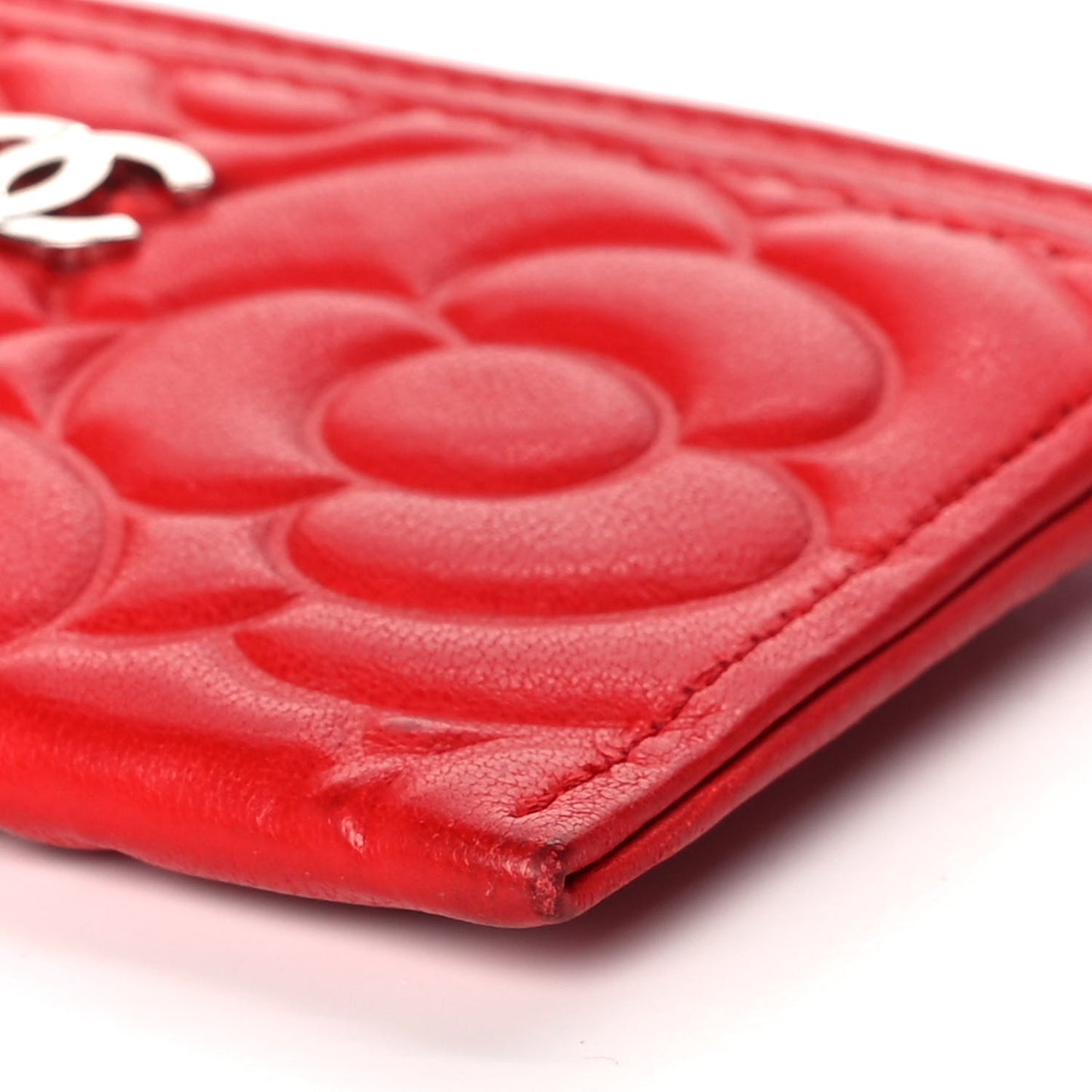 Lambskin Camellia Embossed Card Holder Red