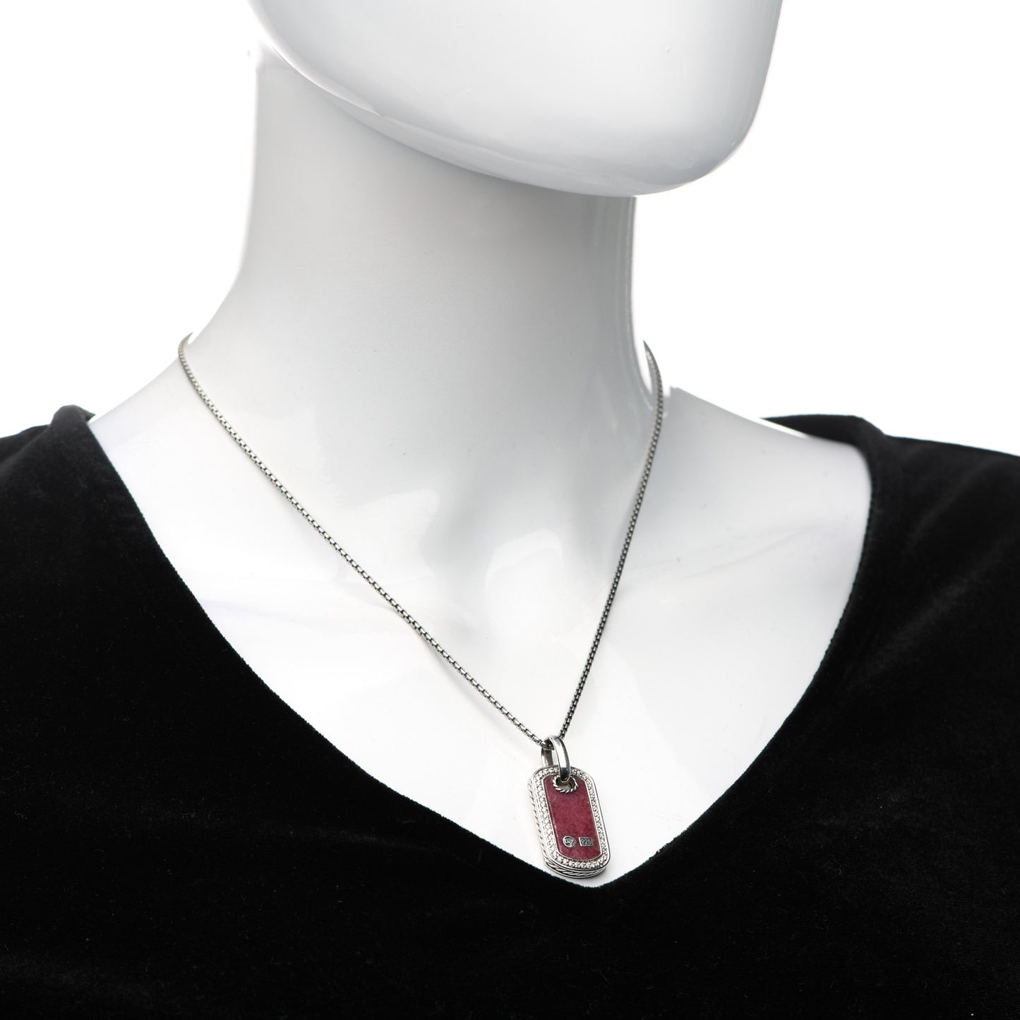 Sterling Silver Diamond Rhodonite Dog Tag Necklace