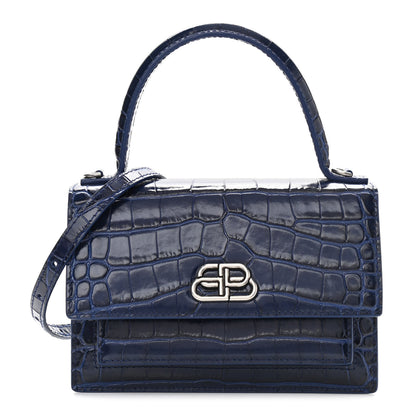 Balenciaga Shiny Calfskin Crocodile Embossed XS Sharp Top Handle Bag Navy 1 of 10