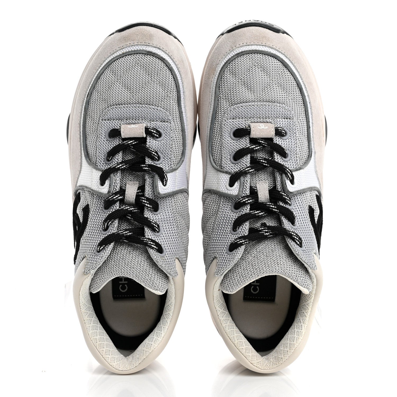 Chanel Mesh Suede Calfskin Grained Calfskin Womens CC Sneakers 38 Grey White 2 of 12