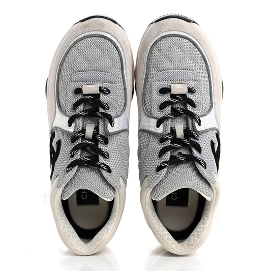 Mesh Suede Calfskin Grained Calfskin Womens CC Sneakers 38 Grey White