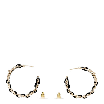 Chanel Metal Lambskin Quilted CC Turnlock Chain Hoop Earrings Gold Black 3 of 5