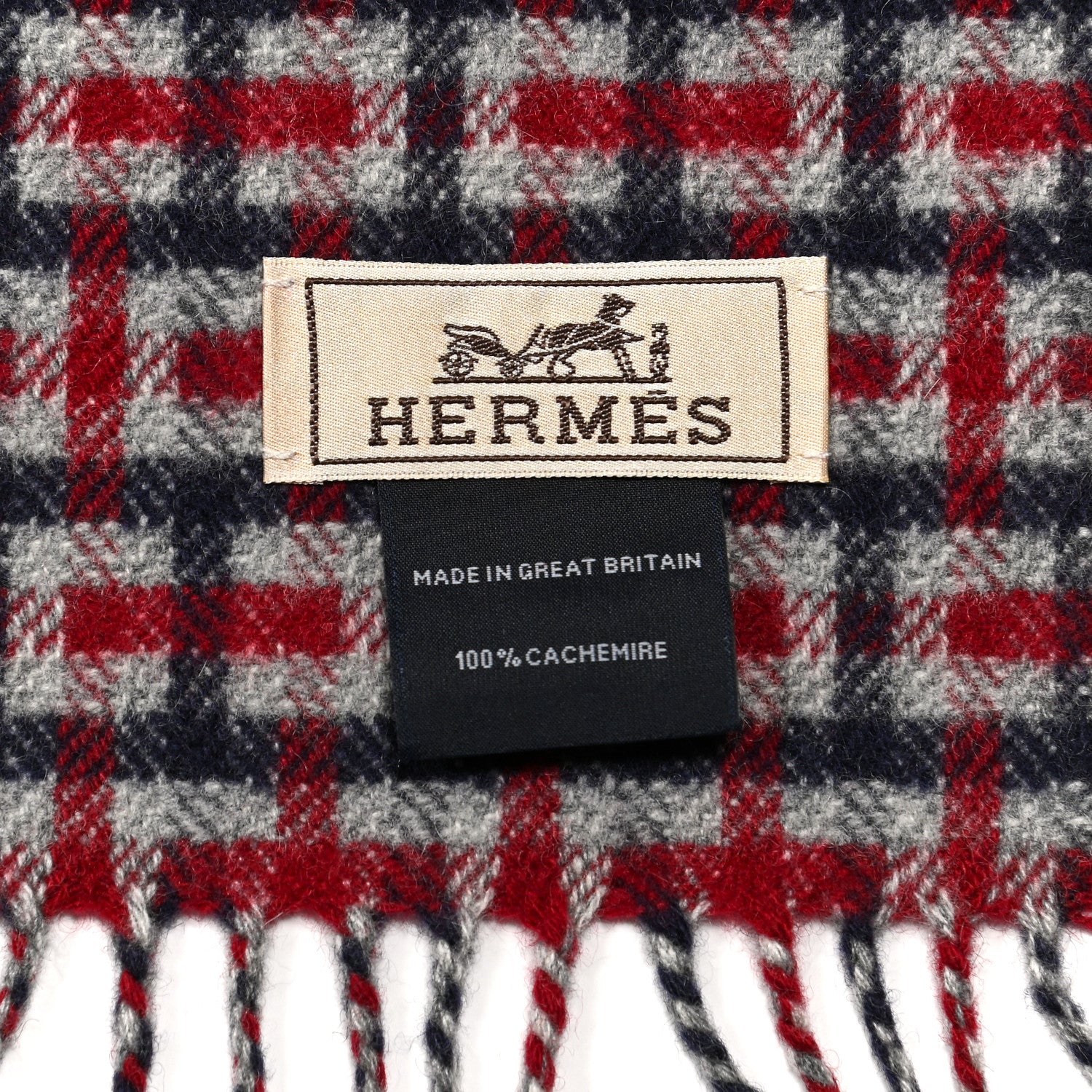 Hermes Cashmere H Ecossais Muffler Marine Bordeaux Gris Clair 3 of 3