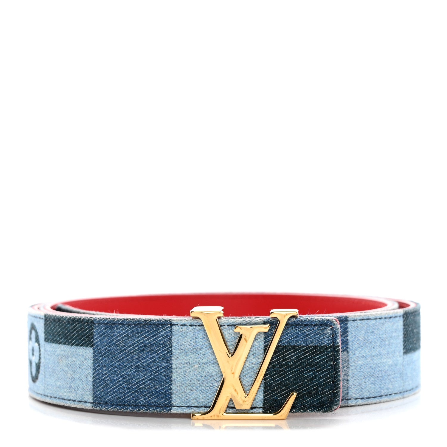 Louis Vuitton Denim Damier Monogram Patchwork 30mm Iconic Reversible Belt 80 32 Blue Rouge 1 of 7