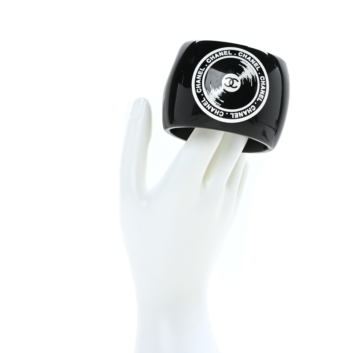 Chanel Resin CC Cuff Vinyl Record Black White 2 of 5