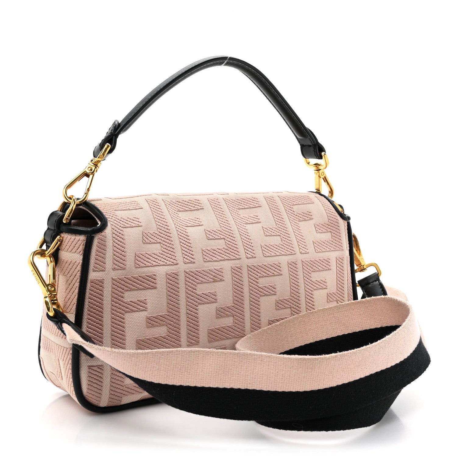 Fendi Canvas Vitello King FF Embroidered Baguette Rosa Quarzo Black 2 of 10