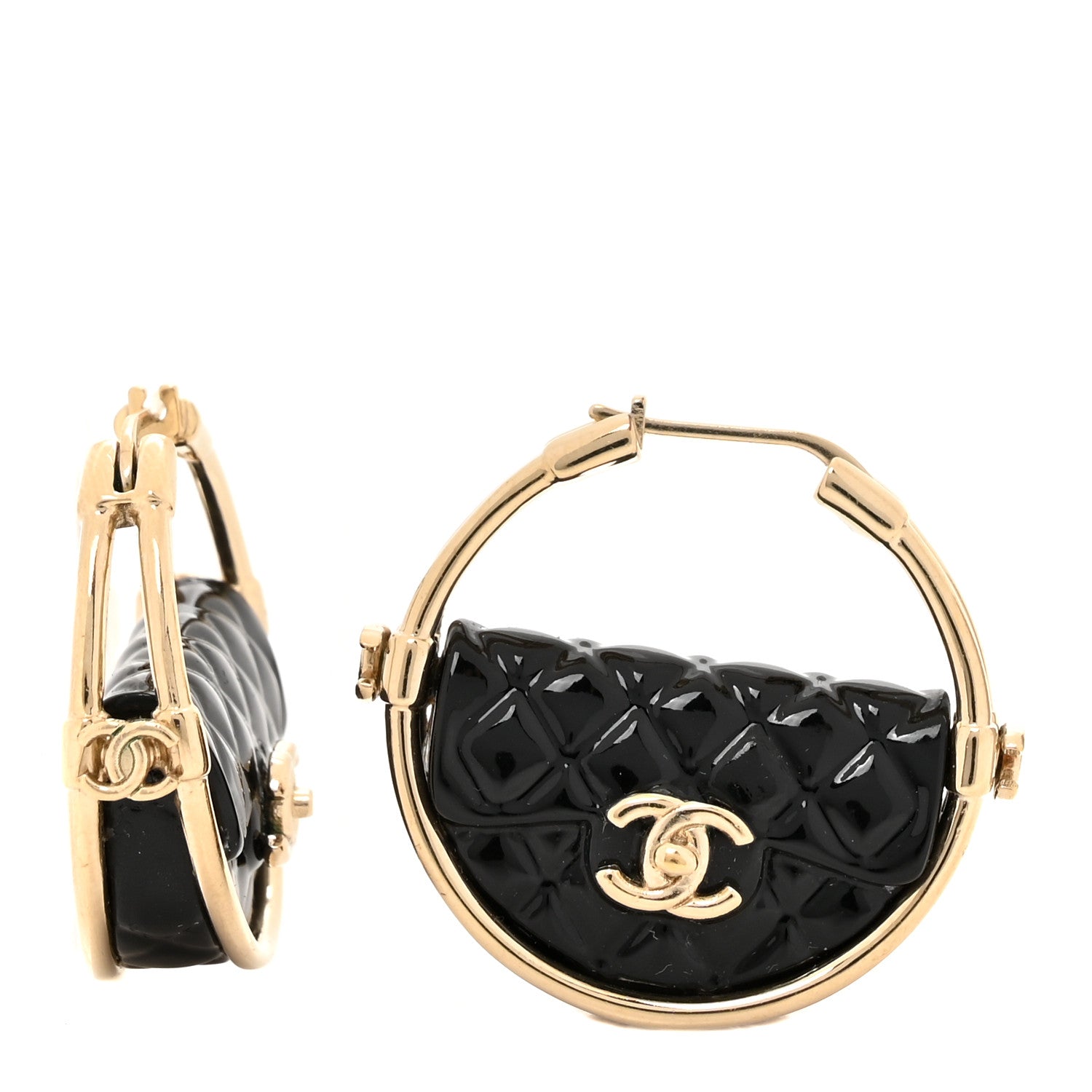 Chanel Metal Resin Quilted Flap Bag Hoop Earrings Black Gold 1 of 5