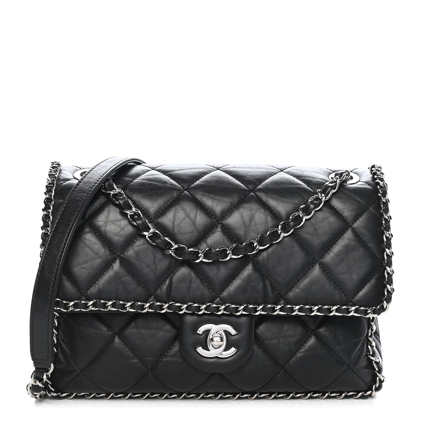 Crumpled Calfskin Medium Chain Flap Black