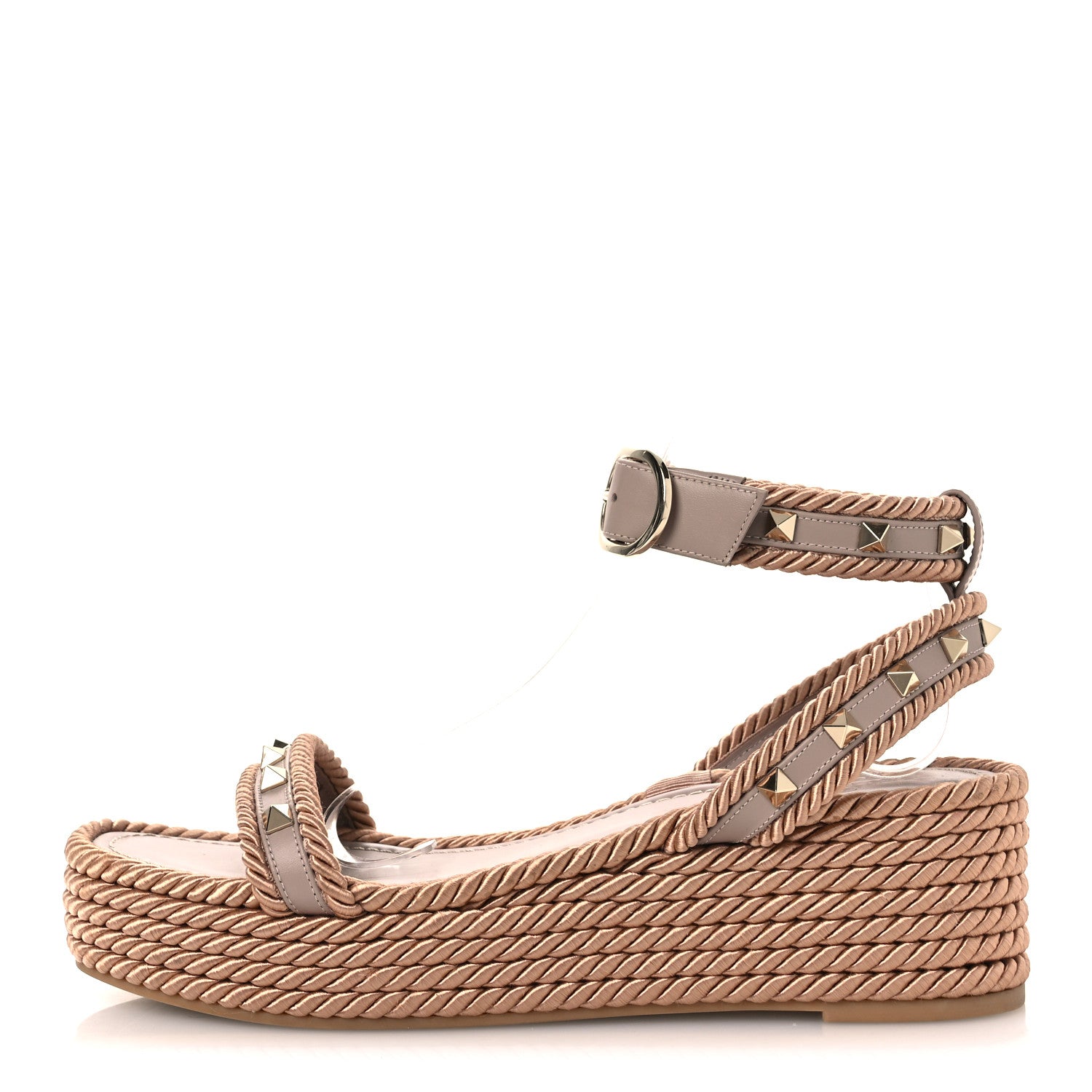 Valentino Garavani Calfskin Rockstud Rope Espadrille Flatform Sandals  40 Poudre 1 of 13