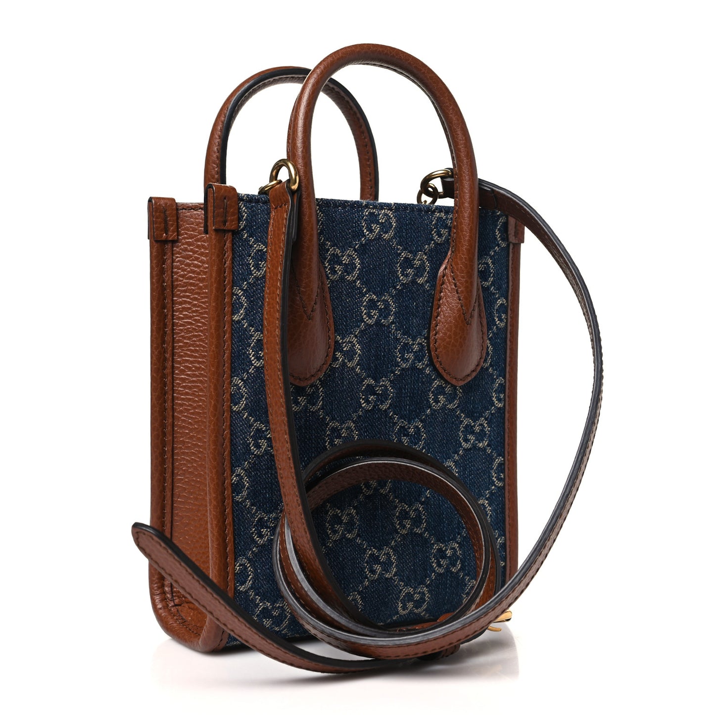 New Denim GG Monogram Dollar Calfskin Mini Retro Interlocking G Tote Bag Blue Tea Cuir Epilog