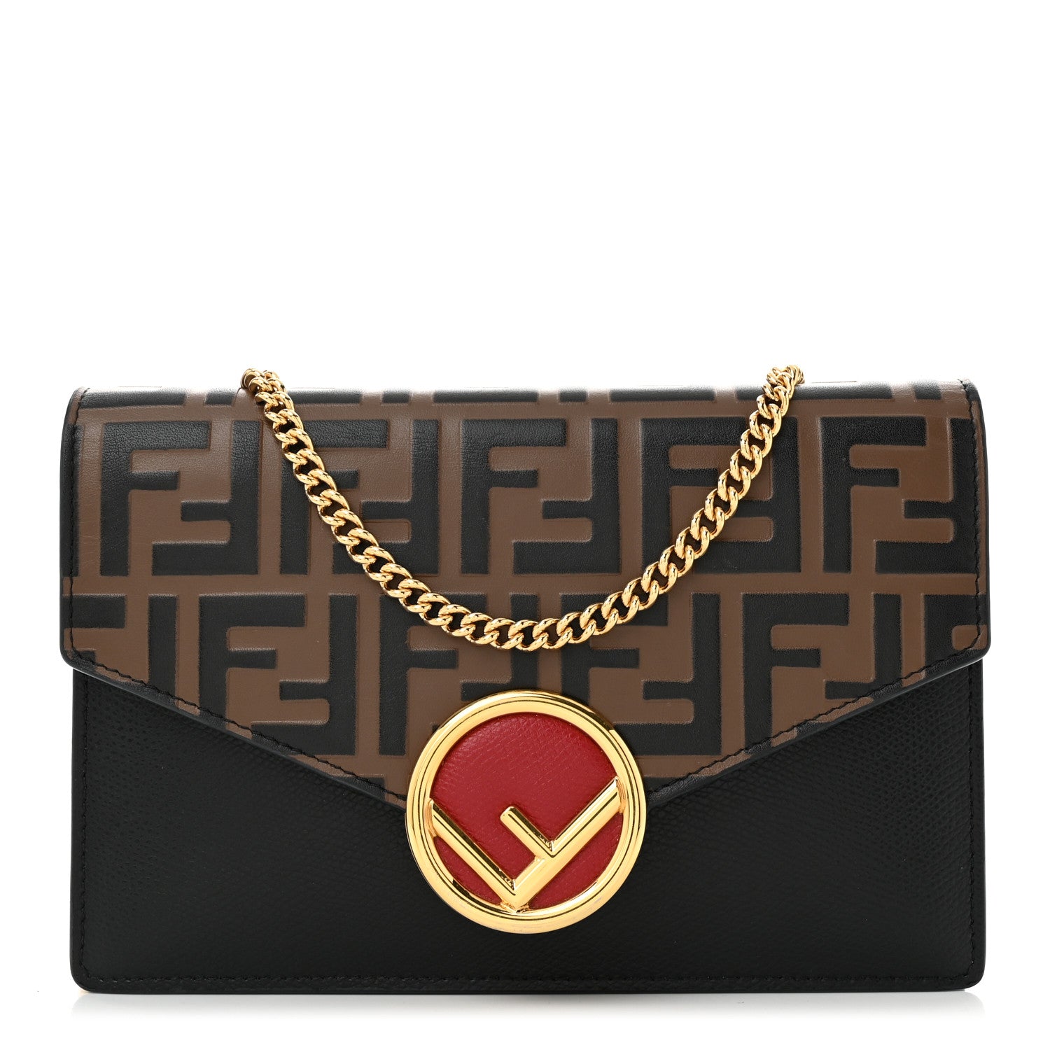 Fendi Vitello Cruise F is Fendi Bi-Color FF 1974 Embossed Medium Envelope Wallet On Chain Black Maya 1 of 9