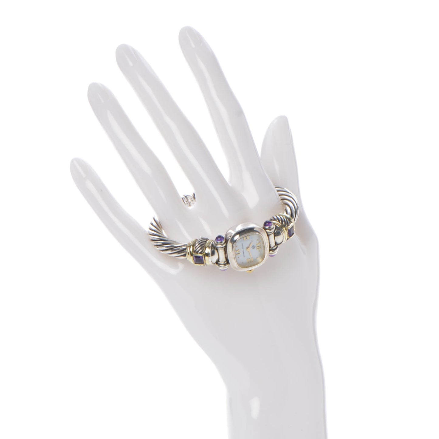 Sterling Silver 14K Yellow Gold Mother of Pearl Amethyst 21mm Classic Cable Quartz Watch