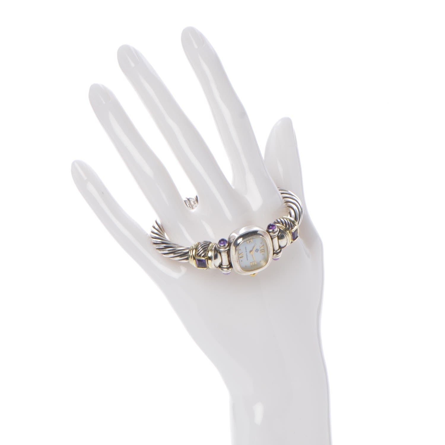 David Yurman Sterling Silver 14K Yellow Gold Mother of Pearl Amethyst 21mm Classic Cable Quartz Watch 2 of 7