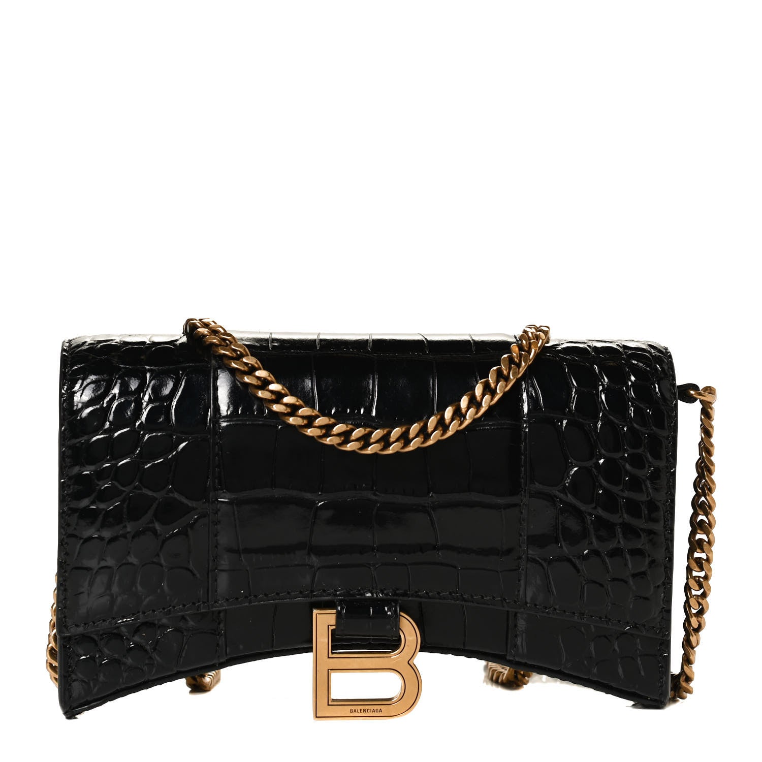 Balenciaga Shiny Calfskin Crocodile Embossed Hourglass Chain Bag Black 1 of 10