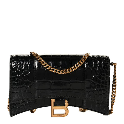 Balenciaga Shiny Calfskin Crocodile Embossed Hourglass Chain Bag Black 1 of 10
