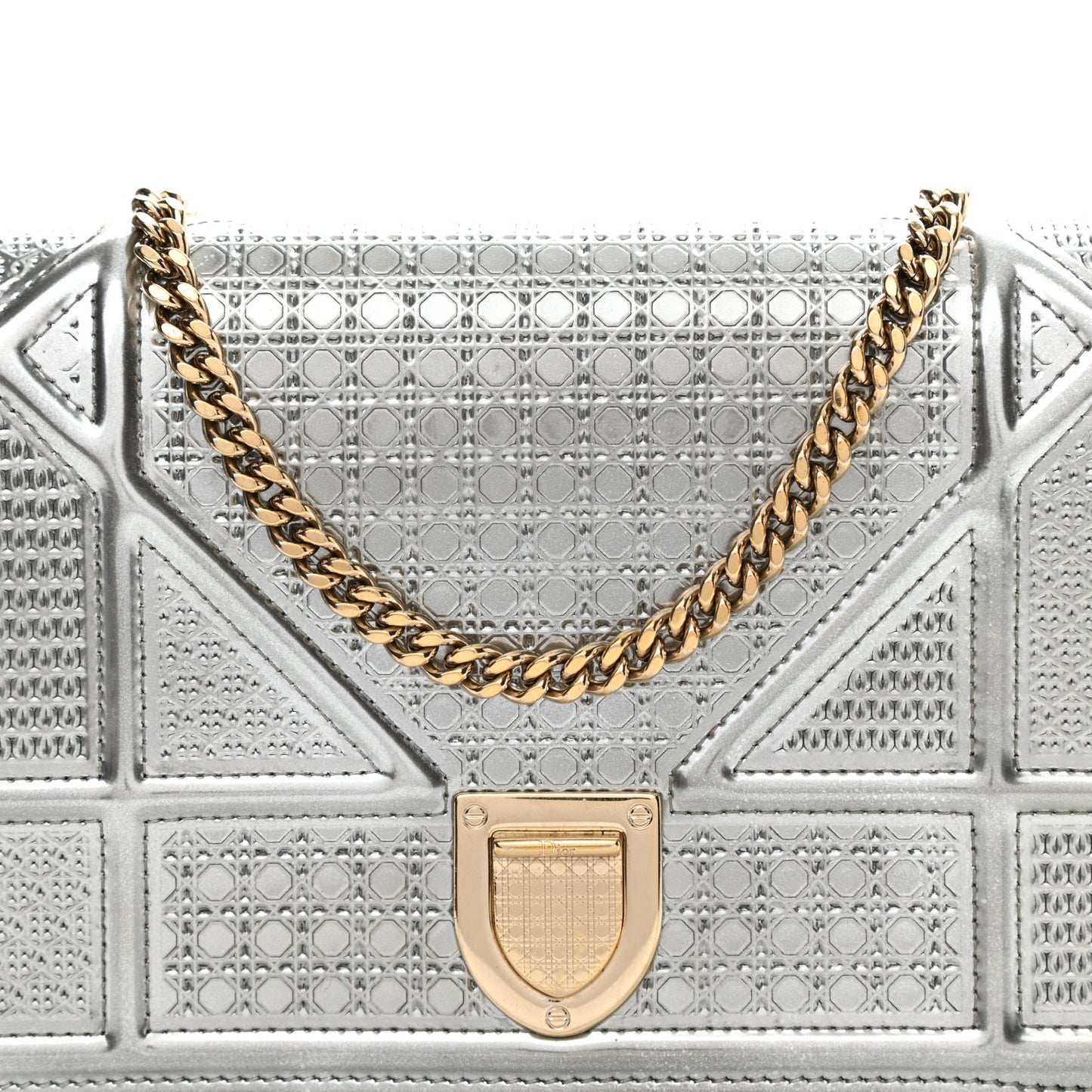Metallic Patent Micro-Cannage Diorama Wallet on Chain Pouch Silver