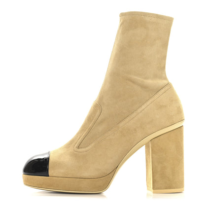 Chanel Suede Patent Calfskin Cap Toe Shorts Boots 37 Beige Black 1 of 10