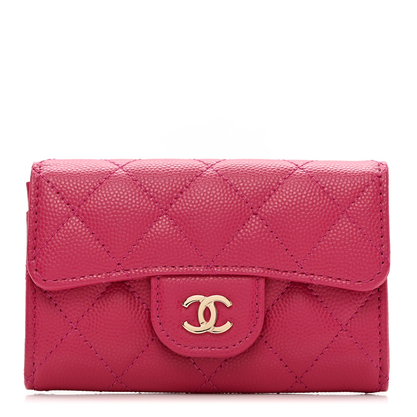 Caviar Quilted Flap Card Holder Wallet Dark Pink