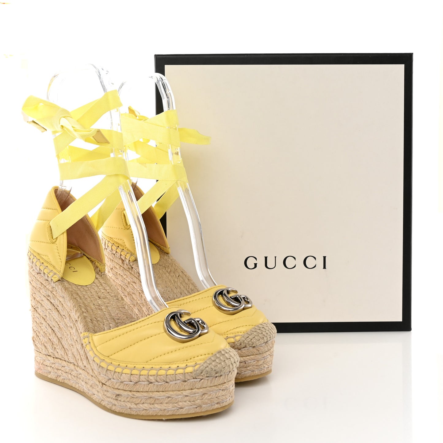 Nappa Matelasse GG Marmont Ankle Wrap Platform Espadrille Wedges 36.5 Banana