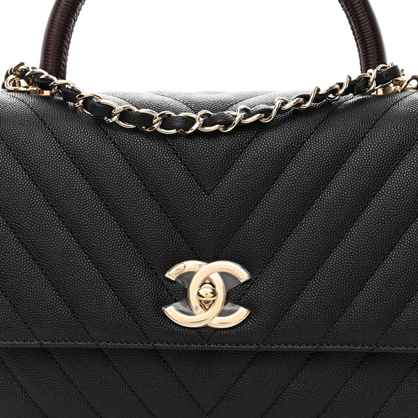 Caviar Lizard Embossed Quilted Chevron Small Coco Handle Flap Black