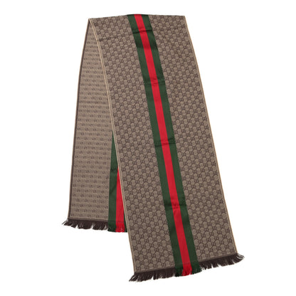Gucci Wool Silk GG Monogram Web Verbier Fringe Scarf Light Brown Dark Green 2 of 4