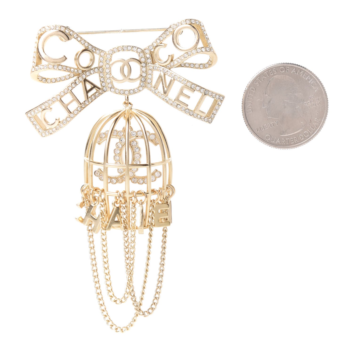 Chanel Metal Crystal Bow-tiful CC Birdcage Pin Brooch Gold 2 of 5