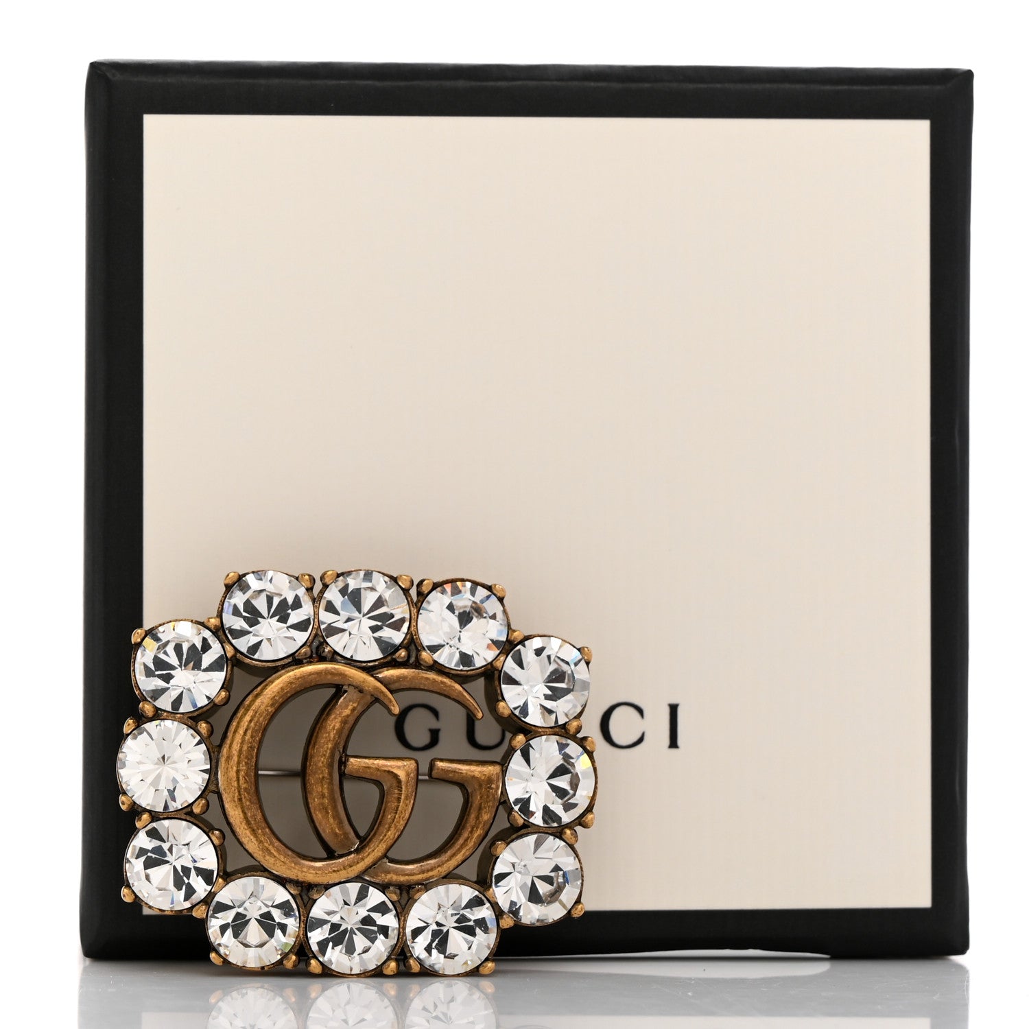 Gucci Metal Crystal Double G Brooch Aged Gold 5 of 5