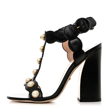 Gucci Nappa Willow Pearl T-Strap Sandals 37 Black 1 of 10
