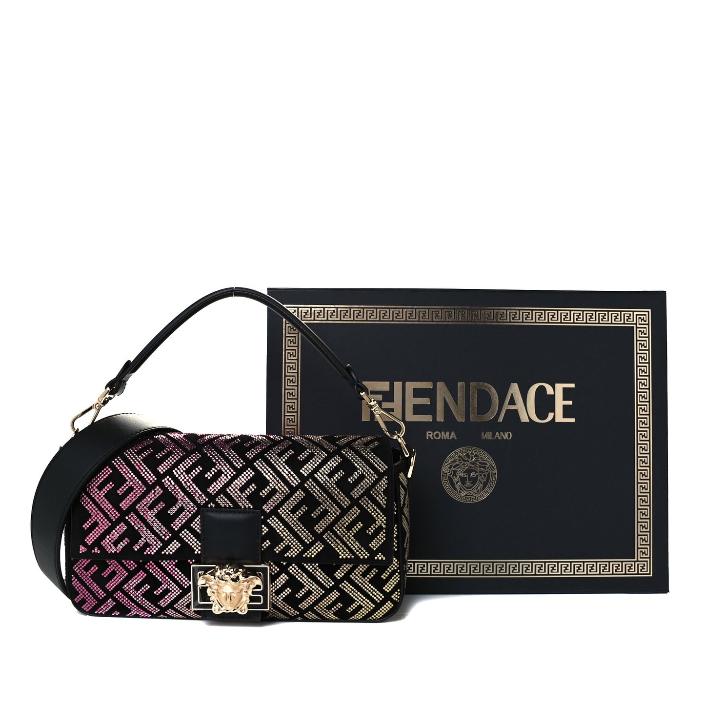 X VERSACE Calfskin Sequin Fendace FF Baguette Black Multicolor