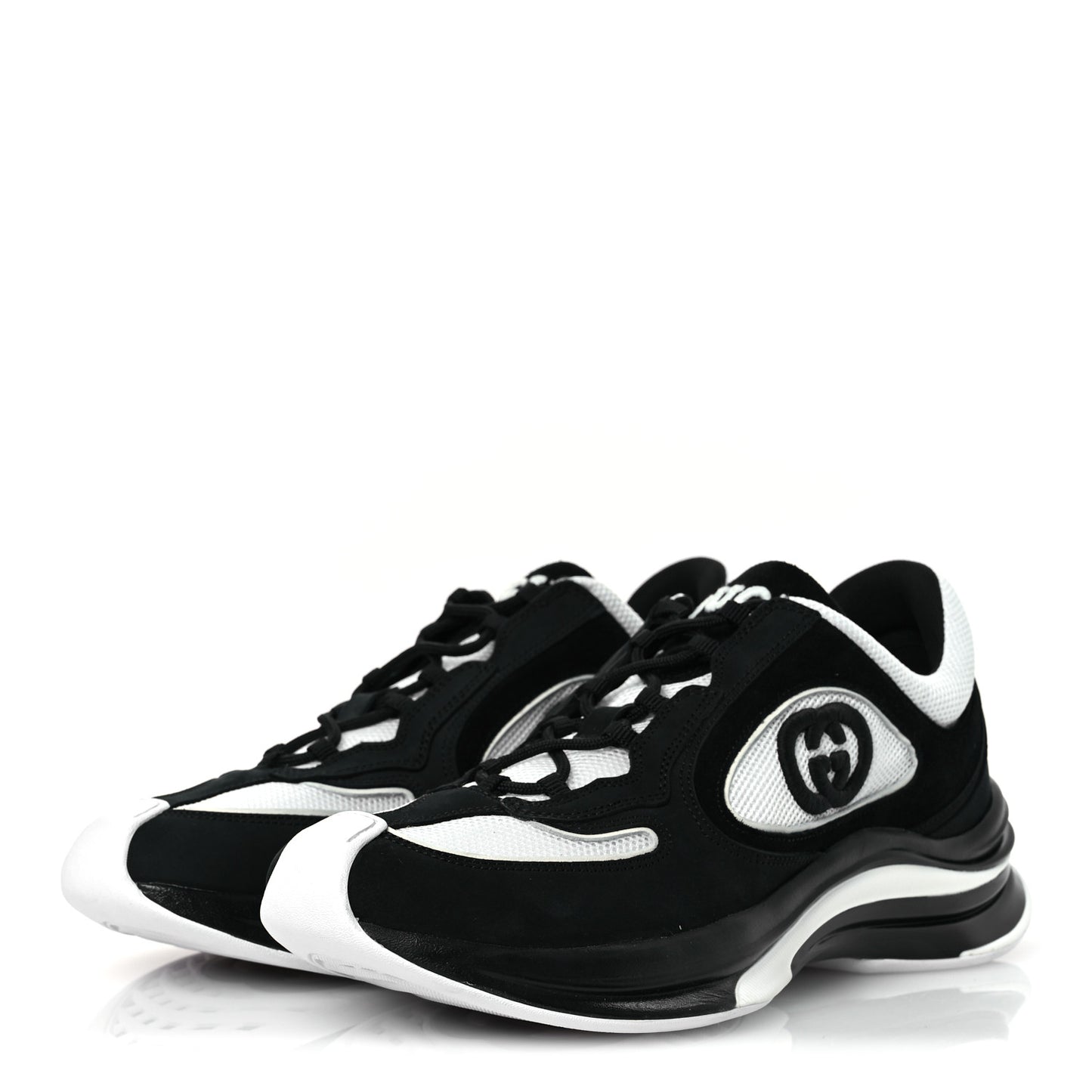 Technical Knit Fabric Suede Calfskin Mens Gucci Run Sneakers 8.5 Black White