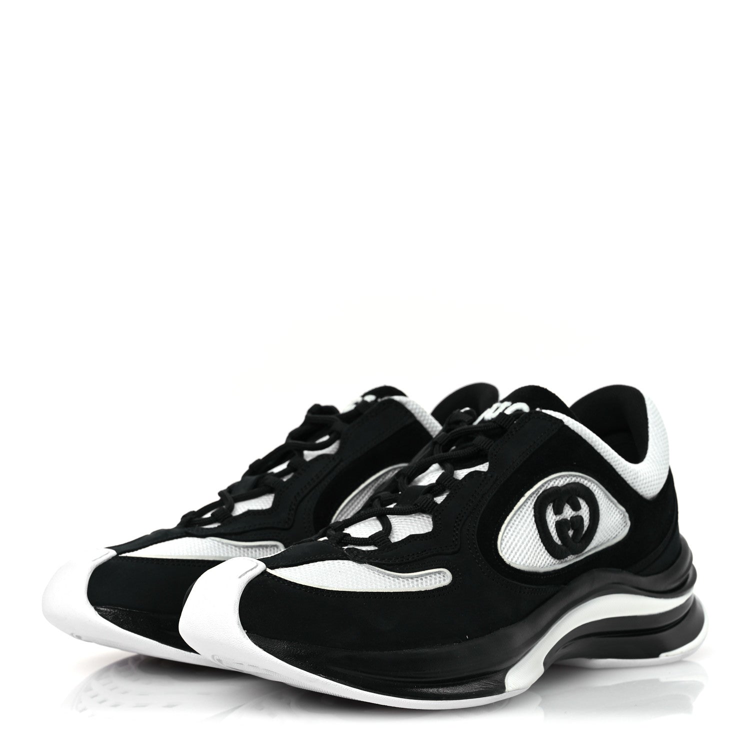Gucci Technical Knit Fabric Suede Calfskin Mens Gucci Run Sneakers 8.5 Black White 4 of 11