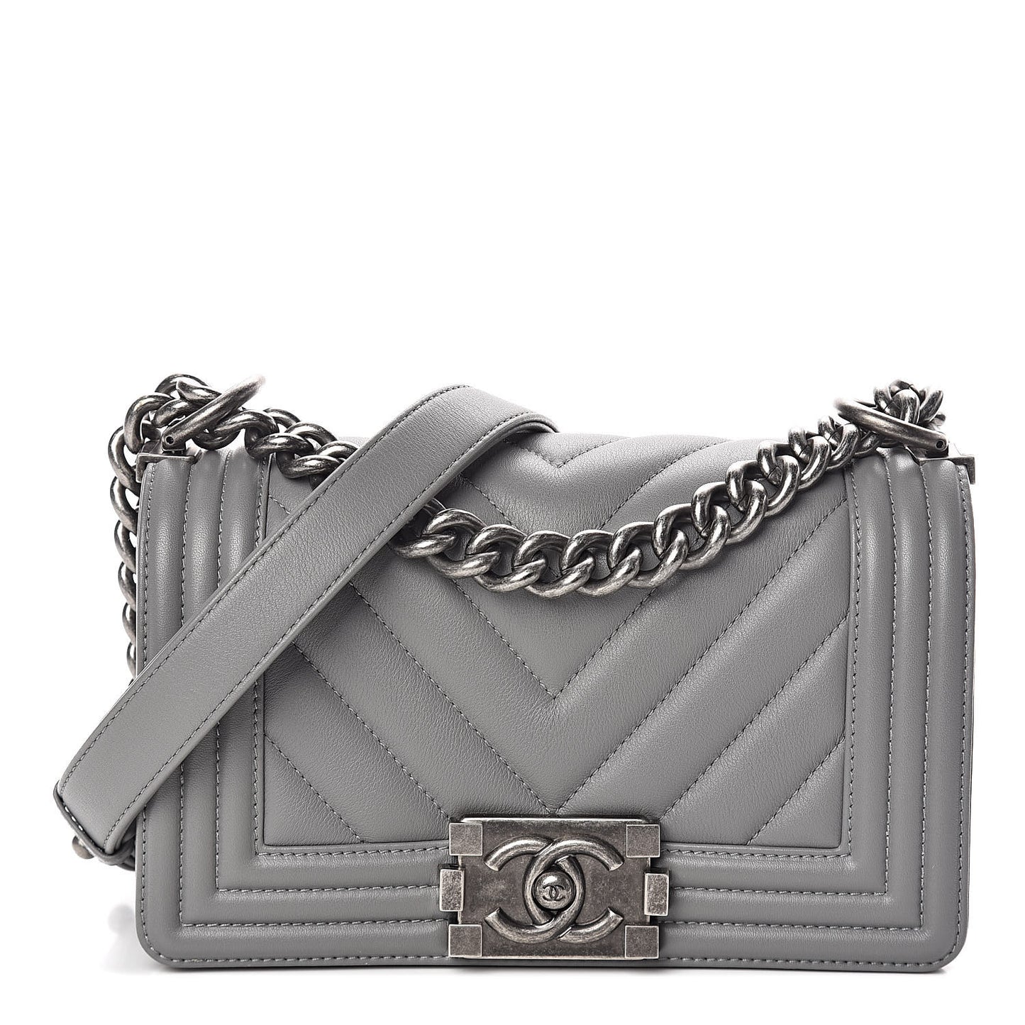 Calfskin Chevron Quilted Small Boy Flap Grey