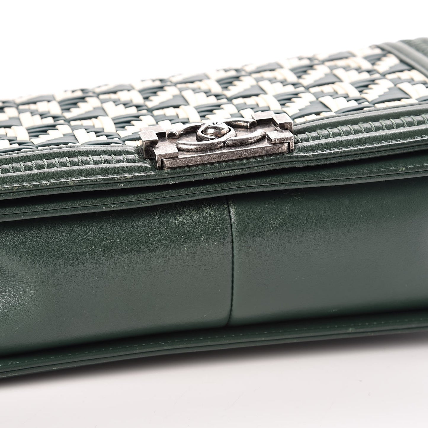 Calfskin Woven Medium Boy Flap Green White