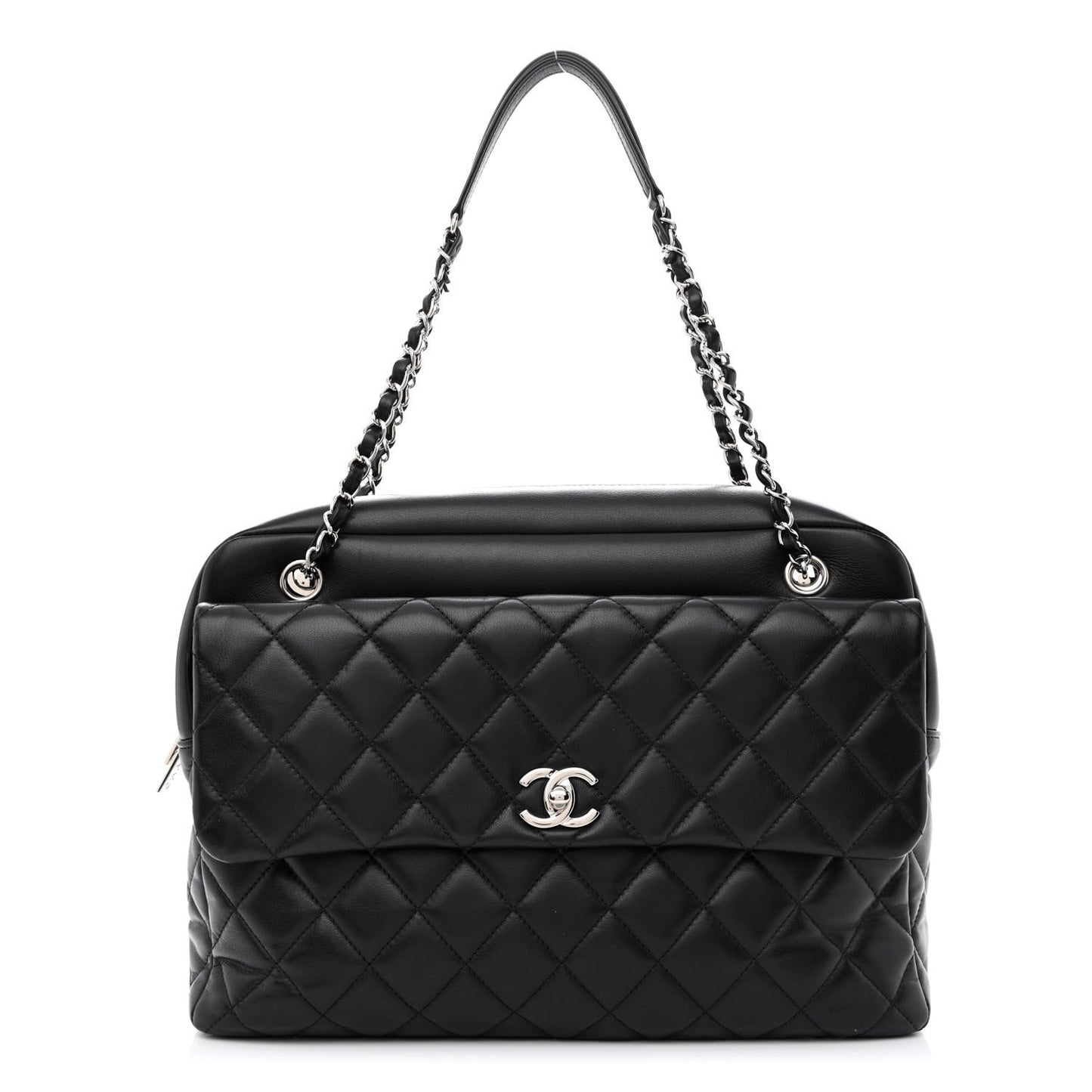 Lambskin Quilted Bowler Flap Shoulder Bag Black