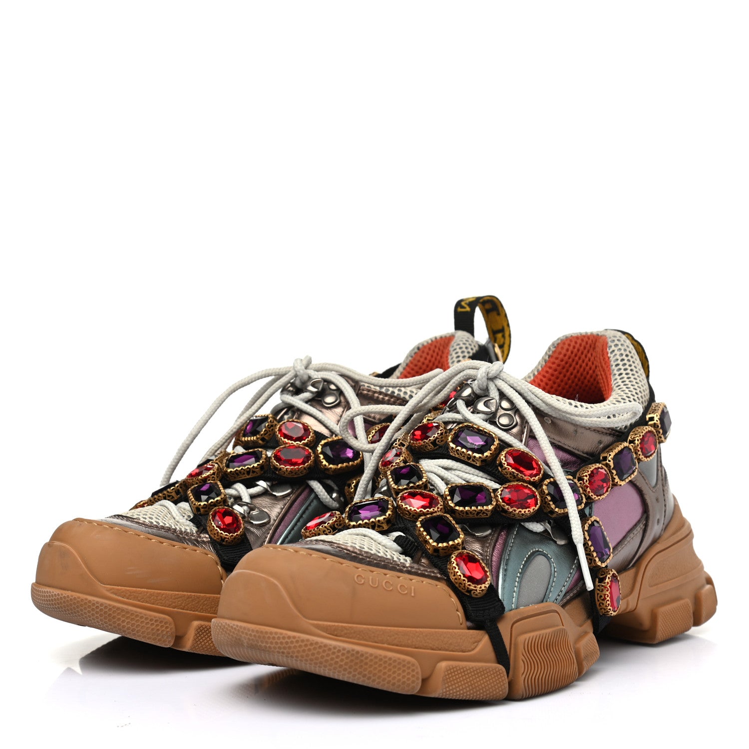 Gucci X SEGA Metallic Calfskin Mesh Removable Crystals Womens Flashtrek Sneakers 39 Rame Mystic White Lago 3 of 7