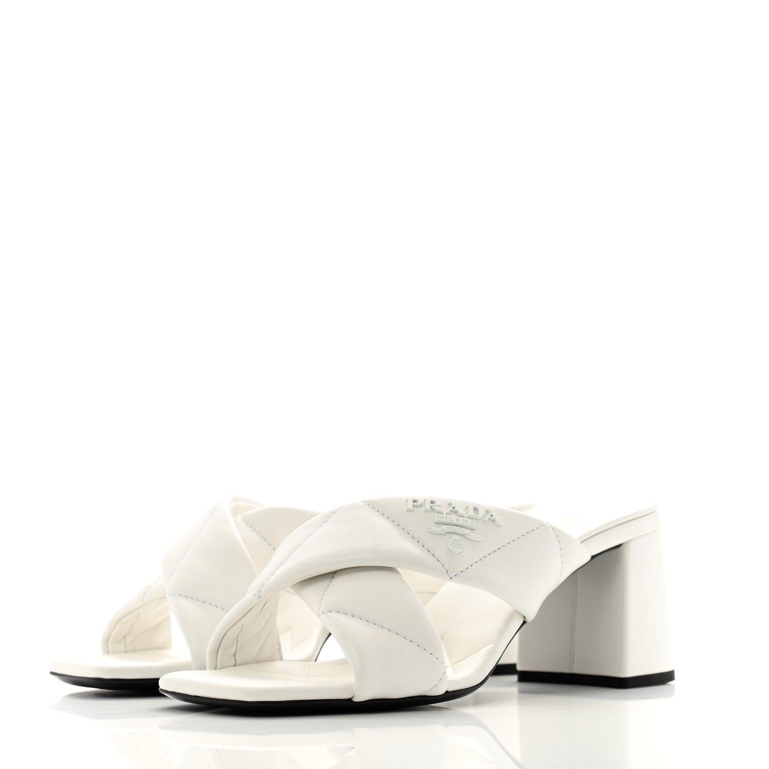 Prada Nappa Logo Quilted Crisscross 65mm Block Heel Slide Sandals  36 White 4 of 9