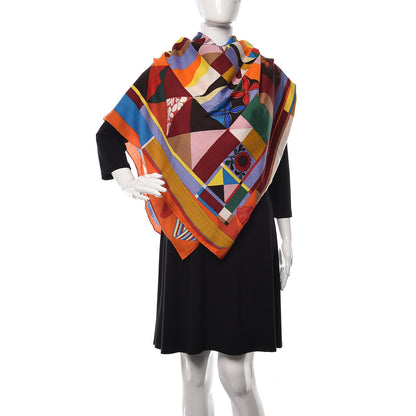 Hermes Cashmere Silk L'Art du Bojagi Shawl 140 Orange Vert Jaune 2 of 6