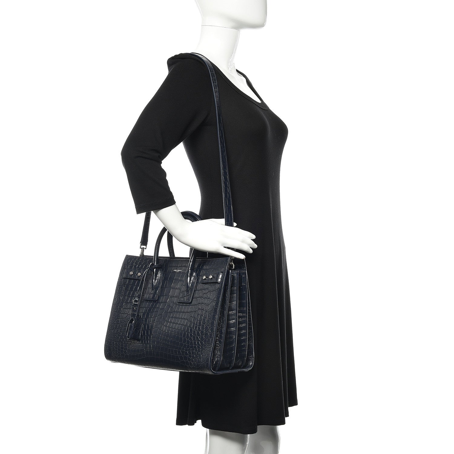 Saint Laurent Calfskin Crocodile Embossed Small Supple Sac de Jour Navy 2 of 11