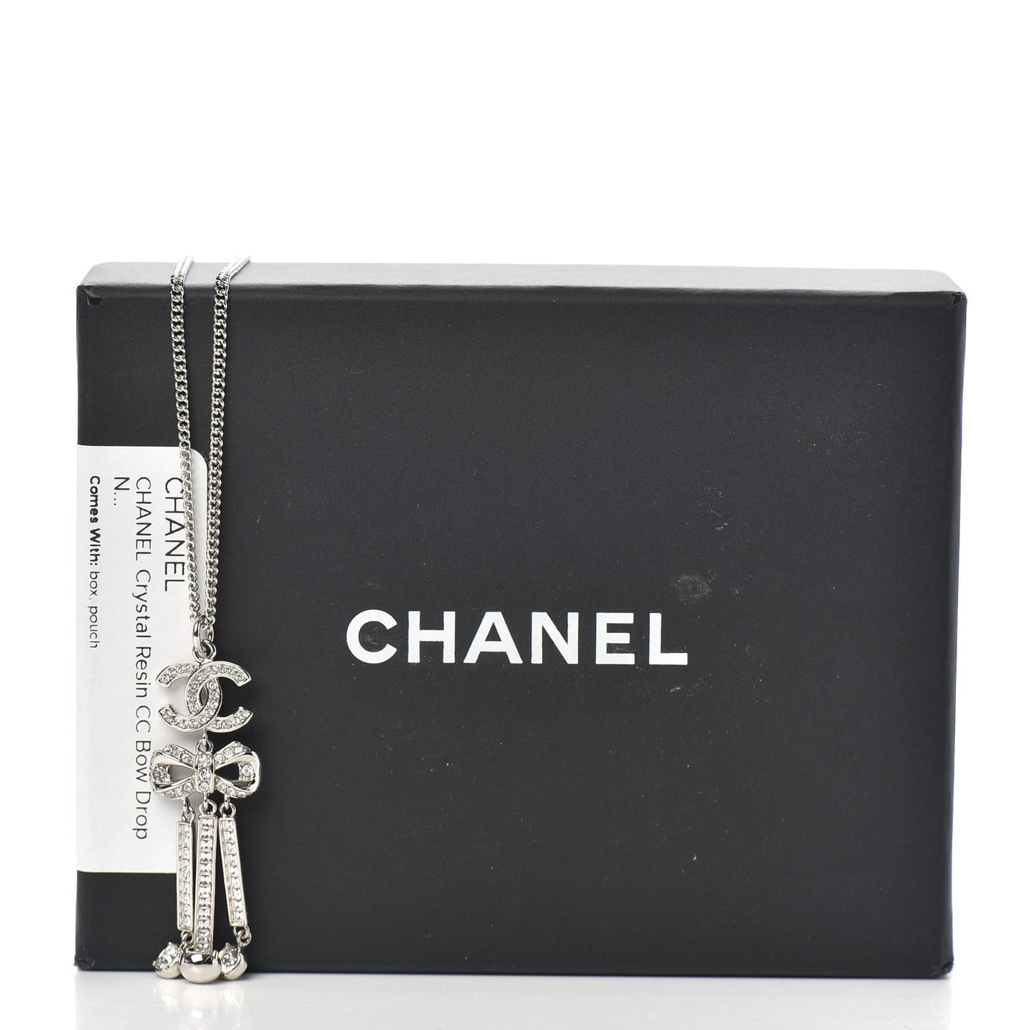 Crystal CC Bow Drop Necklace Silver