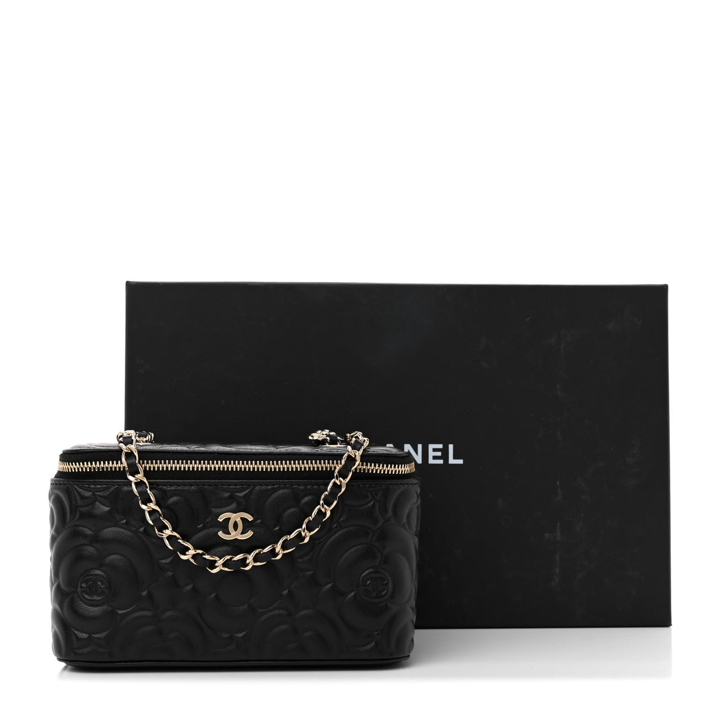 Lambskin Camellia Embossed Small Vanity Case With Chain Black