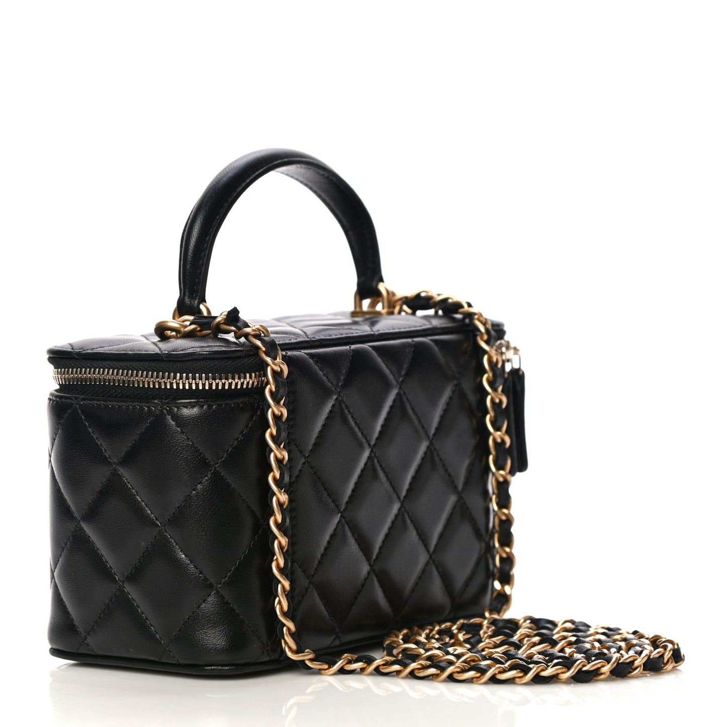 Lambskin Quilted Small Top Handle Vanity Case With Chain Black
