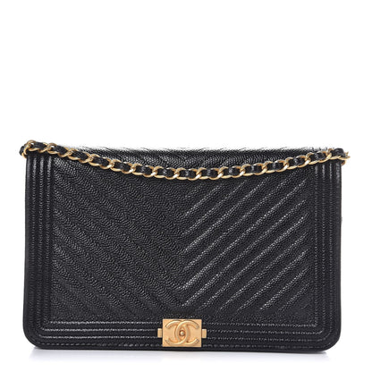 Chanel Caviar Chevron Quilted Boy Wallet On Chain WOC Black 1 of 9