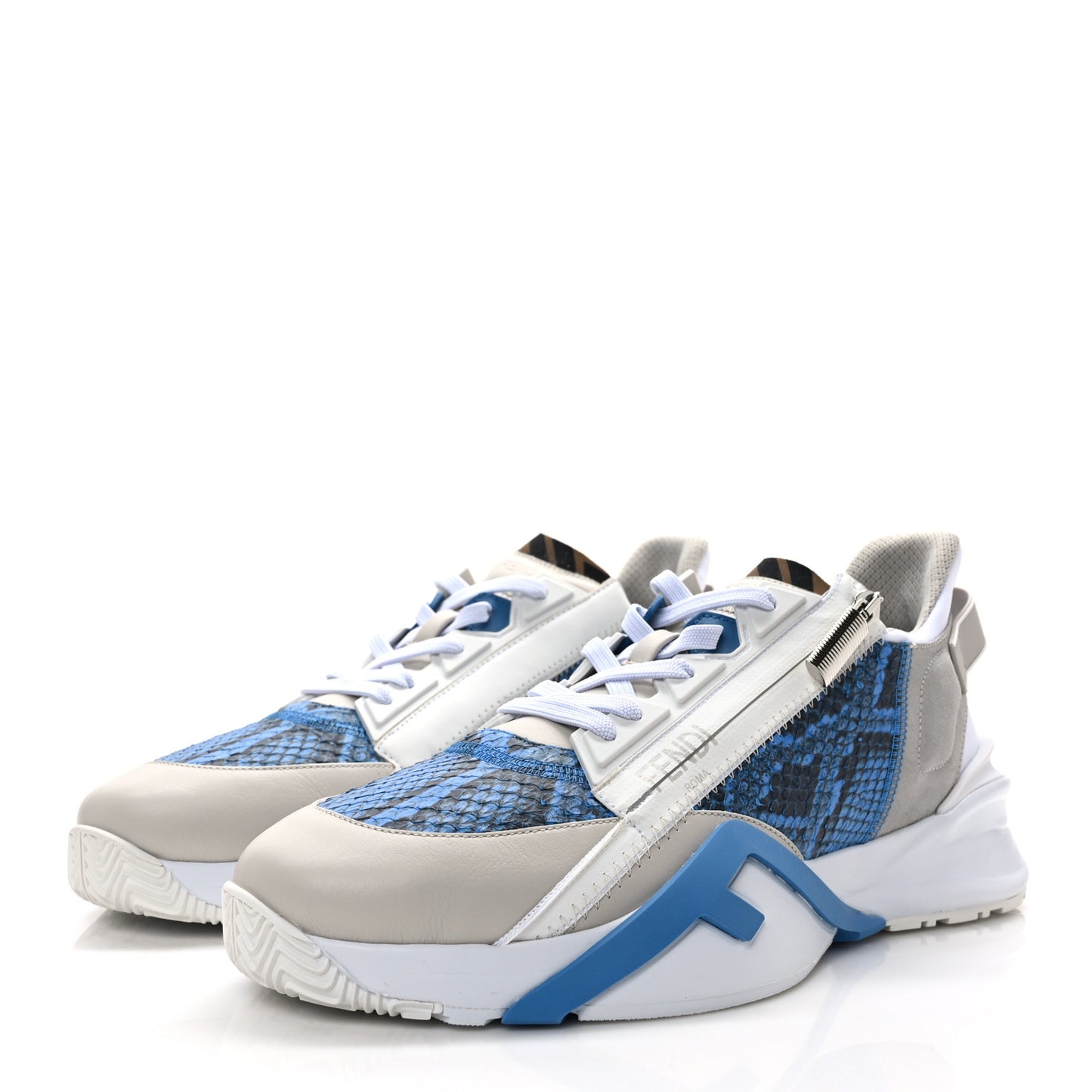 Elaphe Vitello Fabric FF Mens Fendi Flow Low Top Sneakers 10 True Blue Ghiaccio Tabacco Black