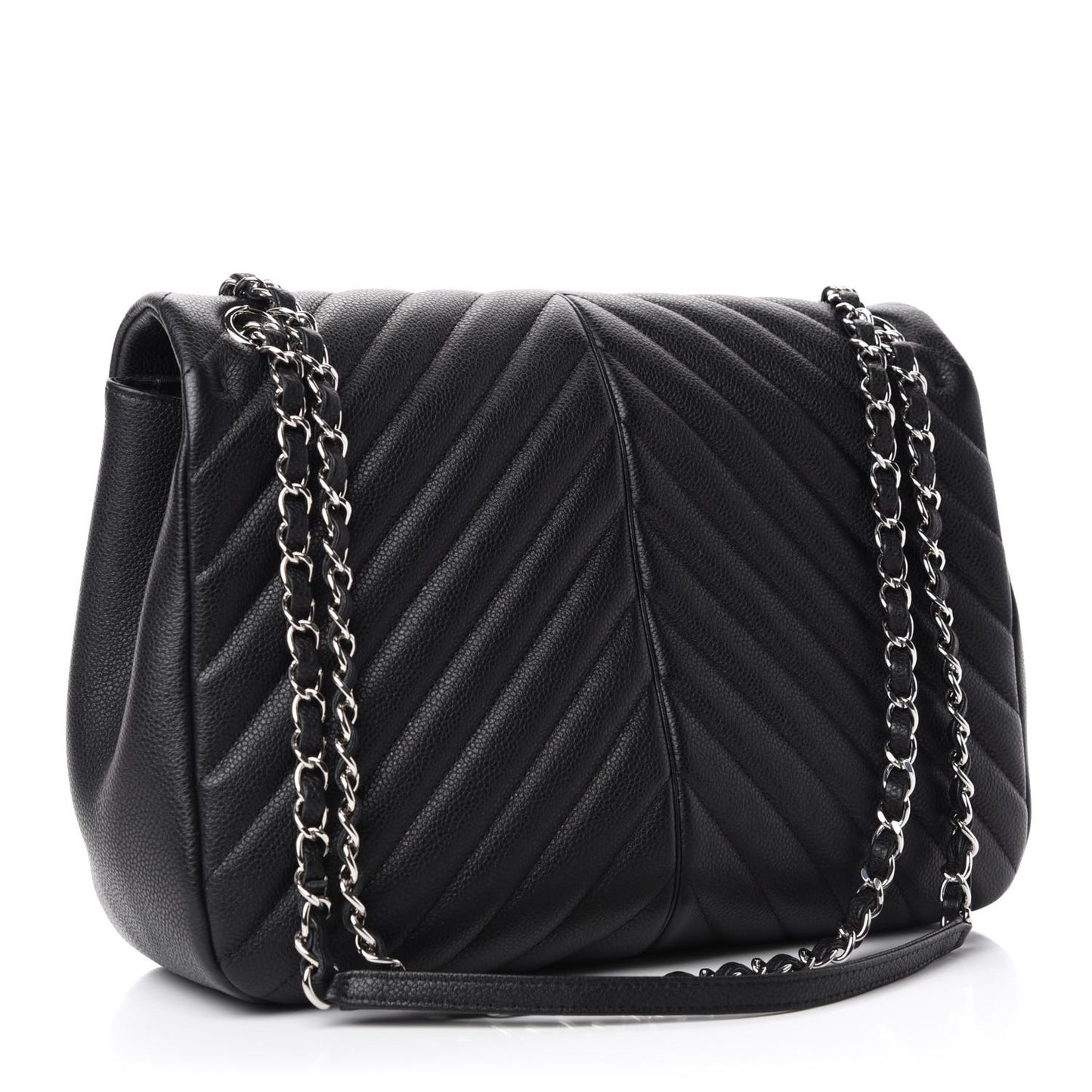 Caviar Chevron Quilted Large Puffy CC Flap Black