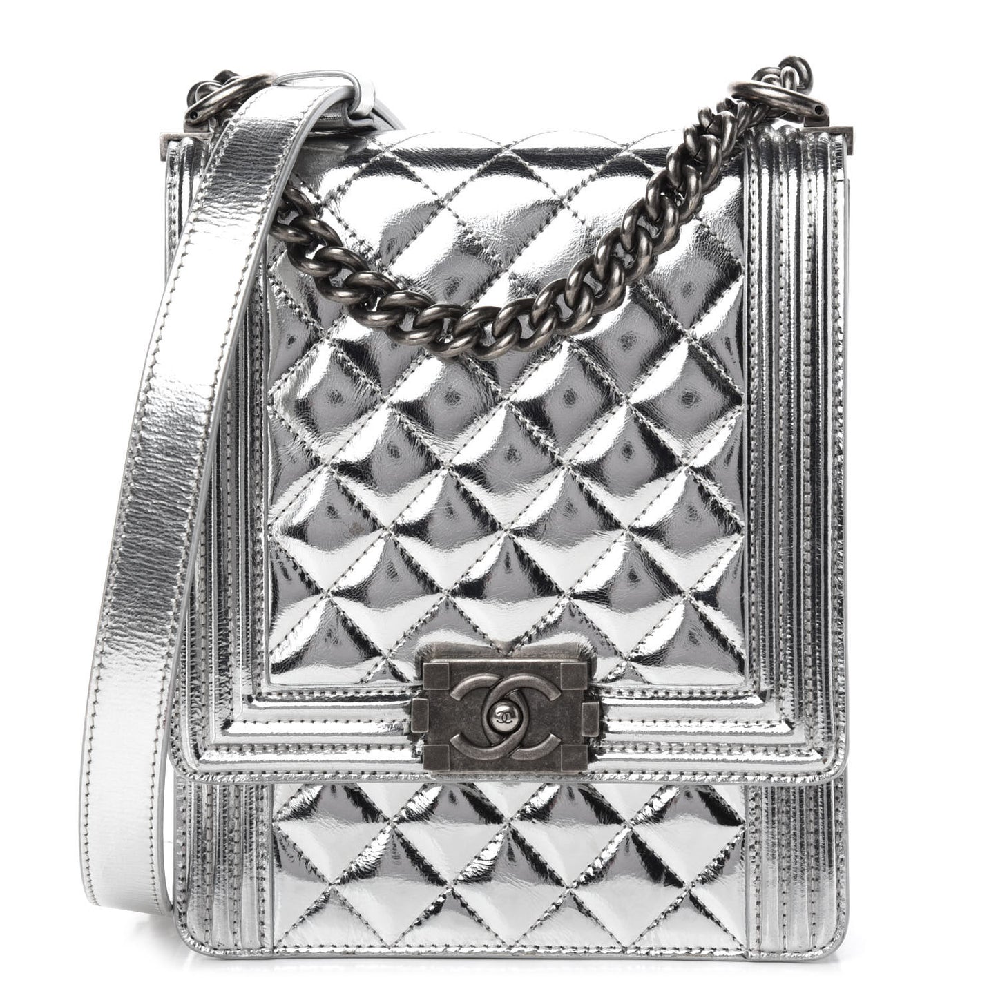 Metallic Goatskin Quilted North South Boy Flap Silver