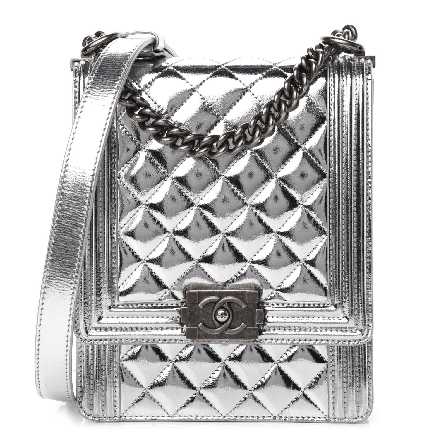 Chanel Metallic Goatskin Quilted North South Boy Flap Silver 1 of 10