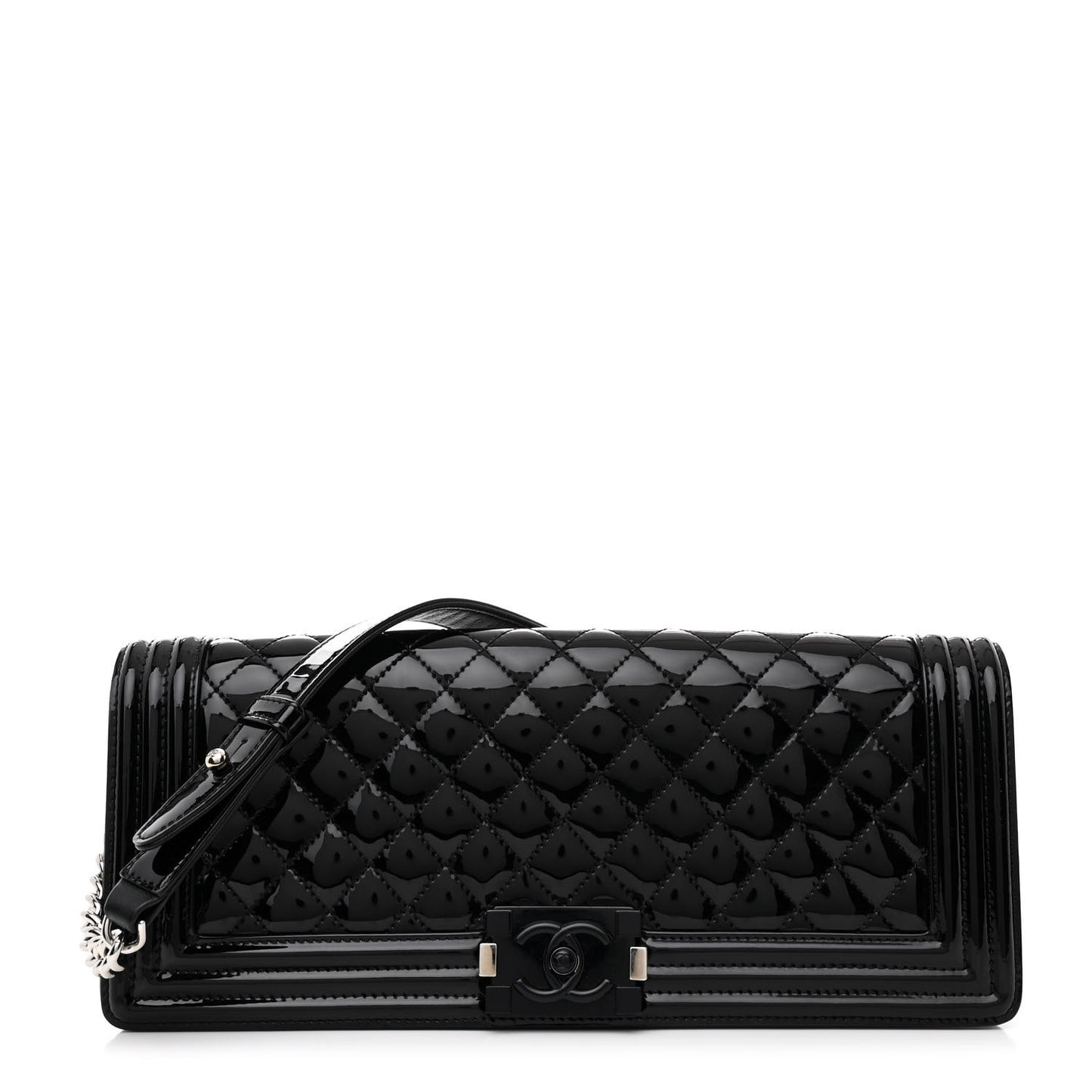 Patent Calfskin Quilted Boy Clutch With Removable Chain Black