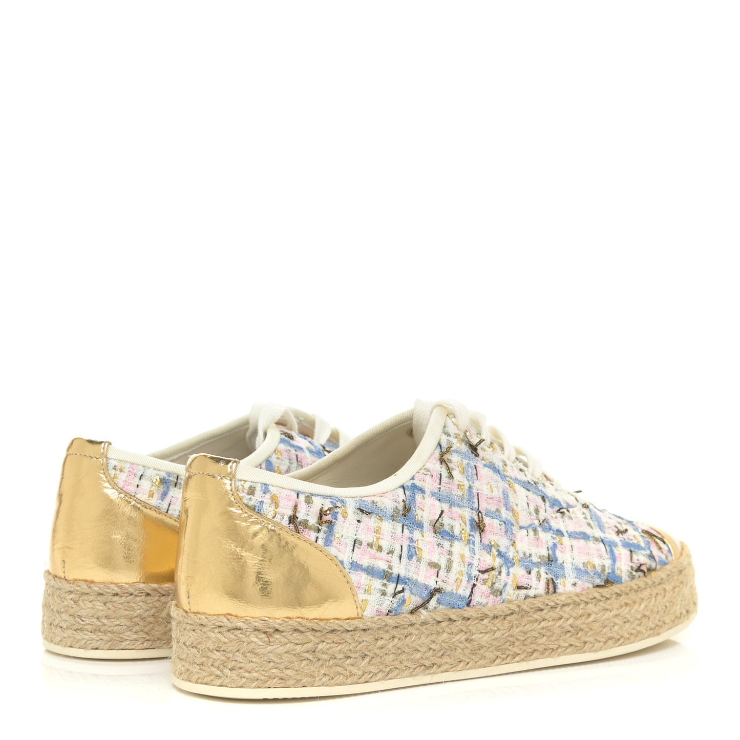 Tweed Laminated Lambskin Lace Up Espadrilles 35 Pink Blue Gold White